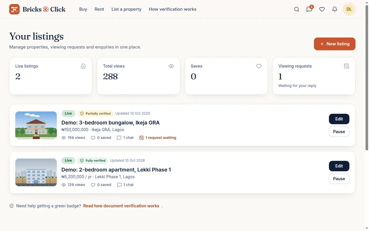 The lister dashboard