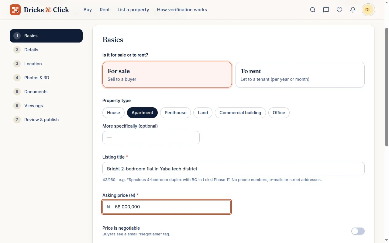 Step 1 of the listing editor